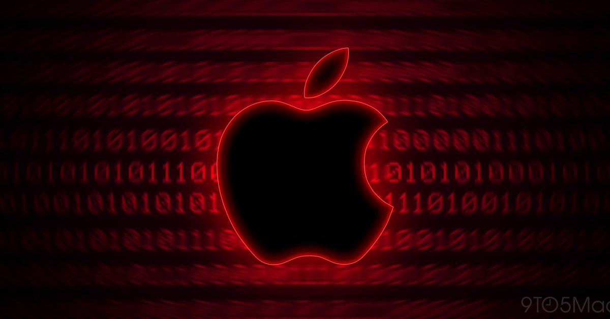 Ilustrasi logo Apple dengan tema peretasan dan pembaruan keamanan